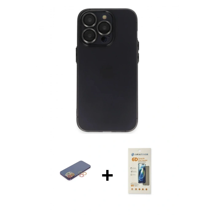 MARSİLYAN™- iPhone 13 Pro Max Kılıf Ufuk Minimal Özel Seri - Siyah 6D Mat Seramik Hayalet Nano Ekran Koruyucu + Renkli Kamera Lens Koruma Cam - TU