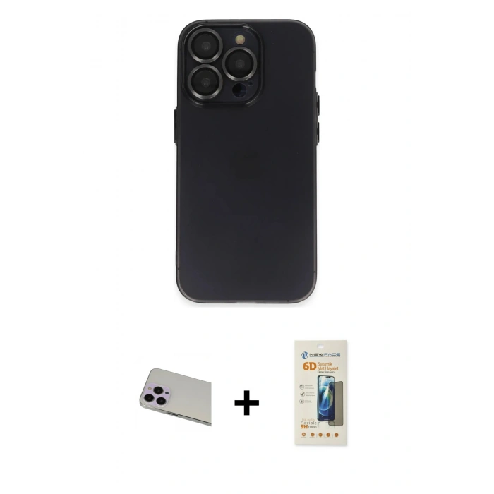 MARSİLYAN™- iPhone 13 Pro Max Kılıf Ufuk Minimal Özel Seri - Siyah 6D Mat Seramik Hayalet Nano Ekran Koruyucu + Mor Rainbow Kamera Lens Koruma Cam