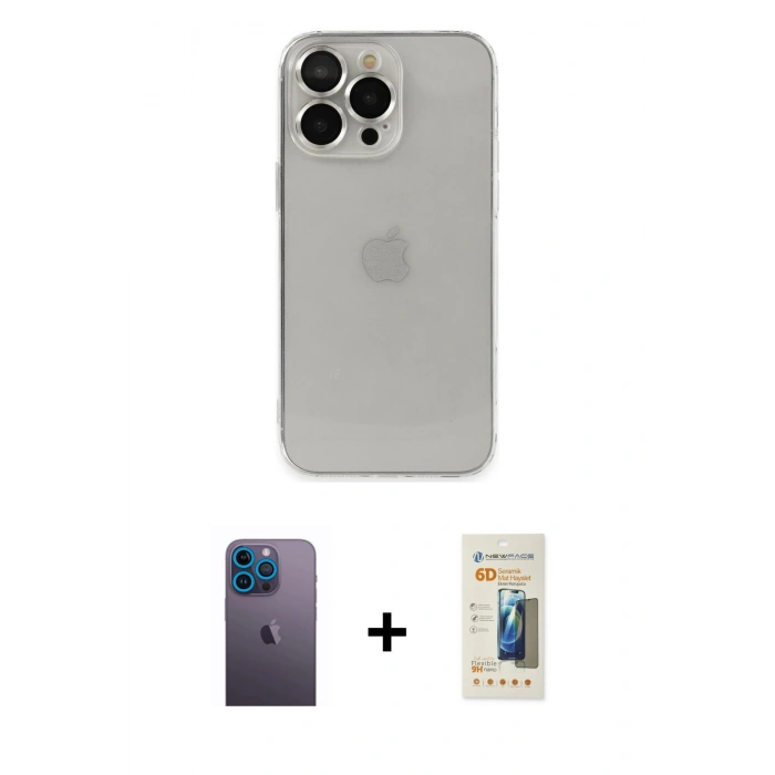 MARSİLYAN™- iPhone 13 Pro Max Kılıf Ufuk Minimal Özel Seri - Siyah 6D Mat Seramik Hayalet Nano Ekran Koruyucu + Neon Fosforlu Kamera Lens - MI