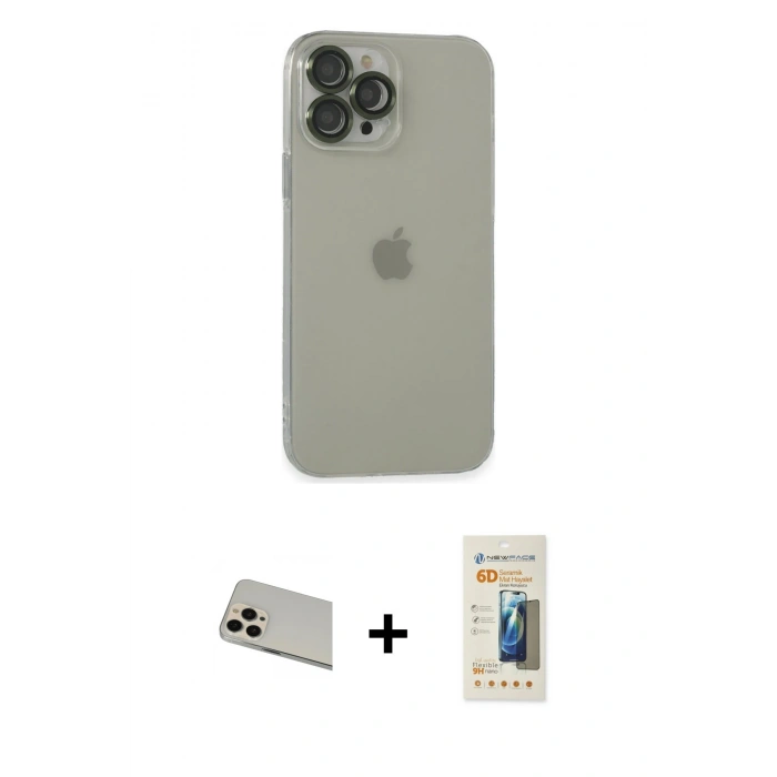 MARSİLYAN™- iPhone 13 Pro Max Kılıf Ufuk Minimal Özel Seri - Siyah 6D Mat Seramik Hayalet Nano Ekran Koruyucu + Rainbow Kamera Lens Koruma Cam - REGD