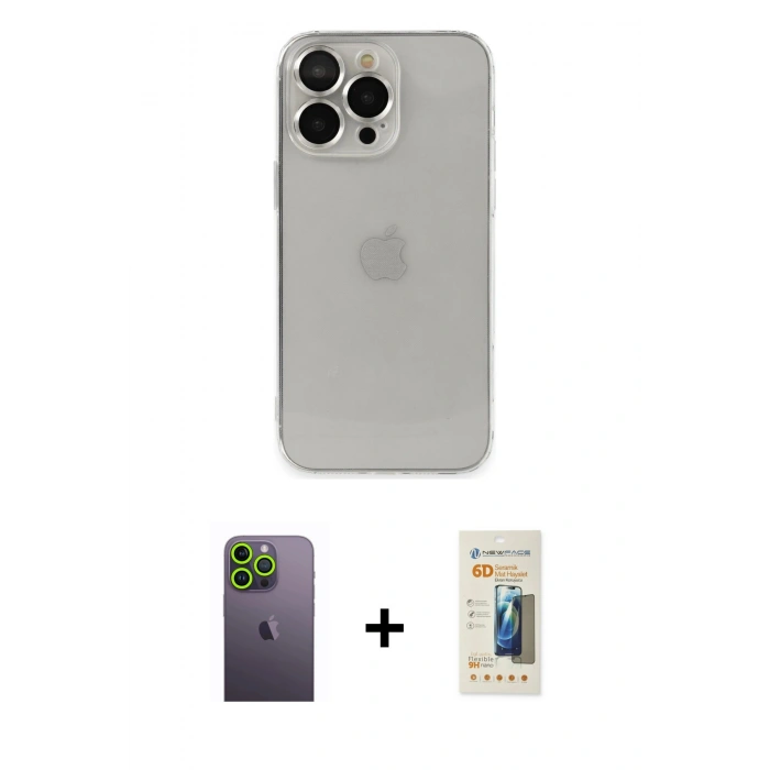 MARSİLYAN™- iPhone 13 Pro Max Kılıf Ufuk Minimal Özel Seri - Siyah 6D Mat Seramik Hayalet Nano Ekran Koruyucu + Neon Fosforlu Kamera Lens - YL