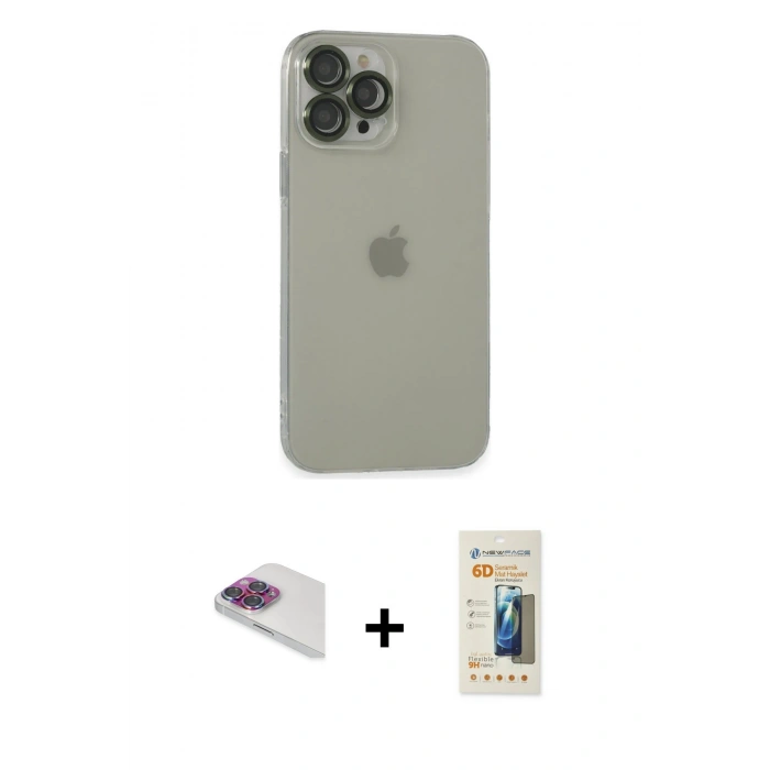MARSİLYAN™- iPhone 13 Pro Max Kılıf Ufuk Minimal Özel Seri - Siyah 6D Mat Seramik Hayalet Nano Ekran Koruyucu + Pers Alüminyum Kamera Lens - GI