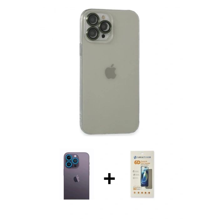 MARSİLYAN™- iPhone 13 Pro Max Kılıf Ufuk Minimal Özel Seri - Siyah 6D Mat Seramik Hayalet Nano Ekran Koruyucu + Neon Fosforlu Kamera Lens - MI