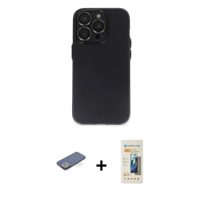 MARSİLYAN™- iPhone 13 Pro Max Kılıf Ufuk Minimal Özel Seri - Siyah 6D Mat Seramik Hayalet Nano Ekran Koruyucu + Renkli Kamera Lens Koruma Cam - YL