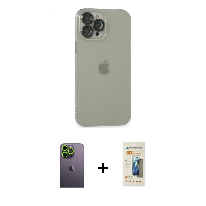 MARSİLYAN™- iPhone 13 Pro Max Kılıf Ufuk Minimal Özel Seri - Siyah 6D Mat Seramik Hayalet Nano Ekran Koruyucu + Neon Fosforlu Kamera Lens - YL