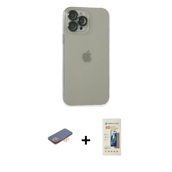 MARSİLYAN™- iPhone 13 Pro Max Kılıf Ufuk Minimal Özel Seri - Siyah 6D Mat Seramik Hayalet Nano Ekran Koruyucu + Renkli Kamera Lens Koruma Cam - TU
