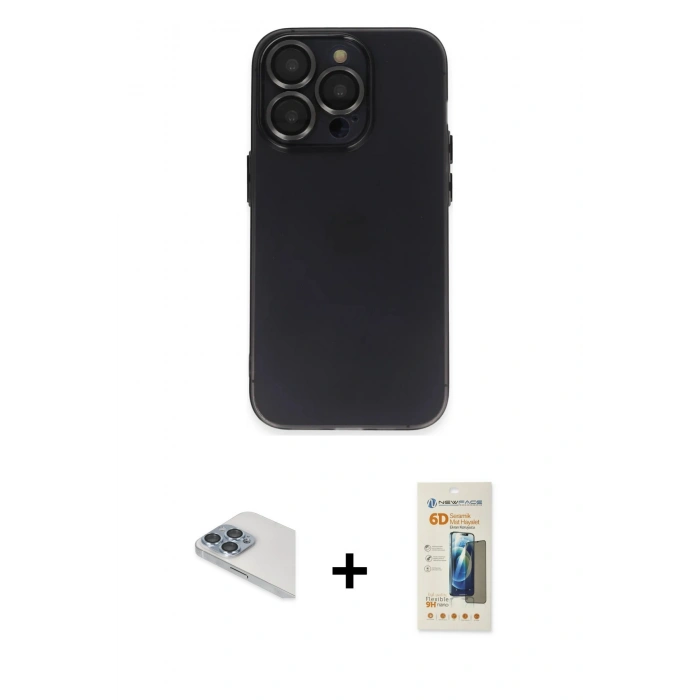 MARSİLYAN™- iPhone 13 Pro Max Kılıf Ufuk Minimal Özel Seri - Siyah 6D Mat Seramik Hayalet Nano Ekran Koruyucu + Pers Alüminyum Kamera Lens - SABE