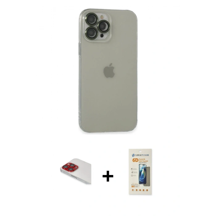 MARSİLYAN™- iPhone 13 Pro Max Kılıf Ufuk Minimal Özel Seri - Siyah 6D Mat Seramik Hayalet Nano Ekran Koruyucu + Pers Alüminyum Kamera Lens - KI