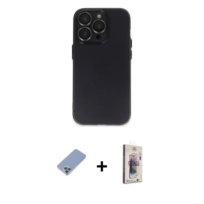 MARSİLYAN™- iPhone 13 Pro Max Kılıf Ufuk Minimal Özel Seri - Siyah Bilvis 3D Cam Ekran Koruyucu + Koyu Yeşil Metal Kamera Lens Koruma Cam