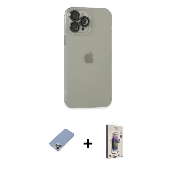 MARSİLYAN™- iPhone 13 Pro Max Kılıf Ufuk Minimal Özel Seri - Siyah Bilvis 3D Cam Ekran Koruyucu + Koyu Yeşil Metal Kamera Lens Koruma Cam