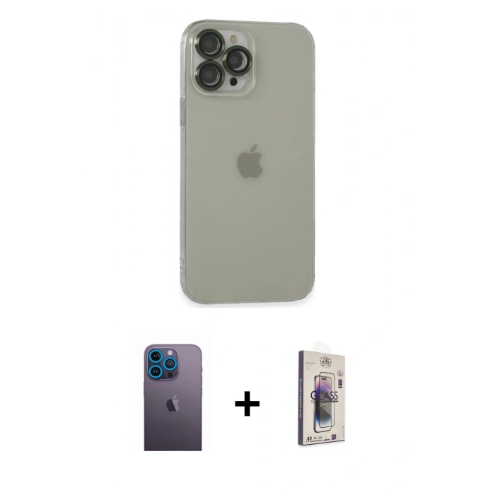 MARSİLYAN™- iPhone 13 Pro Max Kılıf Ufuk Minimal Özel Seri - Siyah Bilvis 3D Cam Ekran Koruyucu + Mavi Neon Fosforlu Kamera Lens
