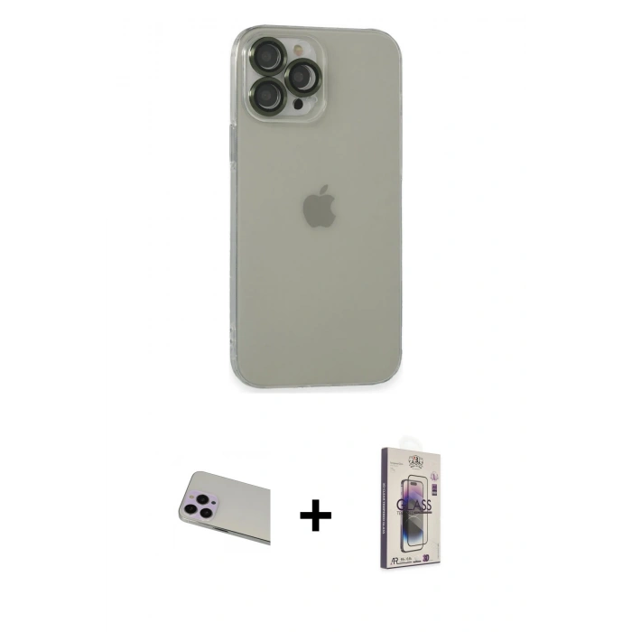 MARSİLYAN™- iPhone 13 Pro Max Kılıf Ufuk Minimal Özel Seri - Siyah Bilvis 3D Cam Ekran Koruyucu + Rainbow Kamera Lens Koruma Cam - MR
