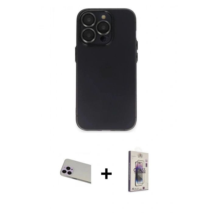 MARSİLYAN™- iPhone 13 Pro Max Kılıf Ufuk Minimal Özel Seri - Siyah Bilvis 3D Cam Ekran Koruyucu + Rainbow Kamera Lens Koruma Cam - MR