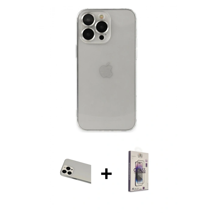 MARSİLYAN™- iPhone 13 Pro Max Kılıf Ufuk Minimal Özel Seri - Siyah Bilvis 3D Cam Ekran Koruyucu + Rainbow Kamera Lens Koruma Cam - BZ