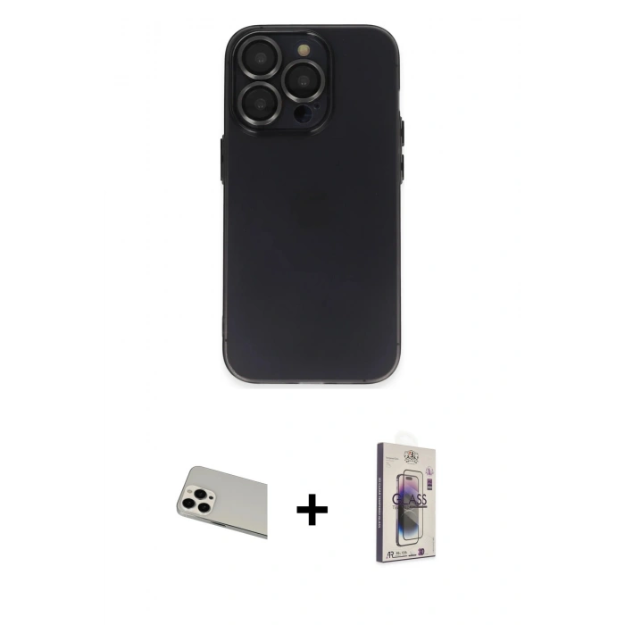 MARSİLYAN™- iPhone 13 Pro Max Kılıf Ufuk Minimal Özel Seri - Siyah Bilvis 3D Cam Ekran Koruyucu + Rainbow Kamera Lens Koruma Cam - BZ