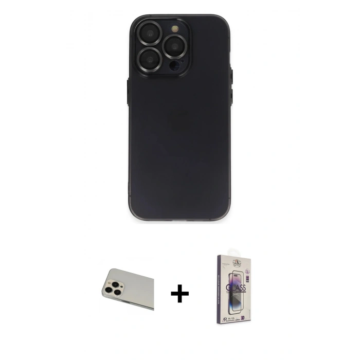 MARSİLYAN™- iPhone 13 Pro Max Kılıf Ufuk Minimal Özel Seri - Siyah Bilvis 3D Cam Ekran Koruyucu + Rainbow Kamera Lens Koruma Cam - REGD