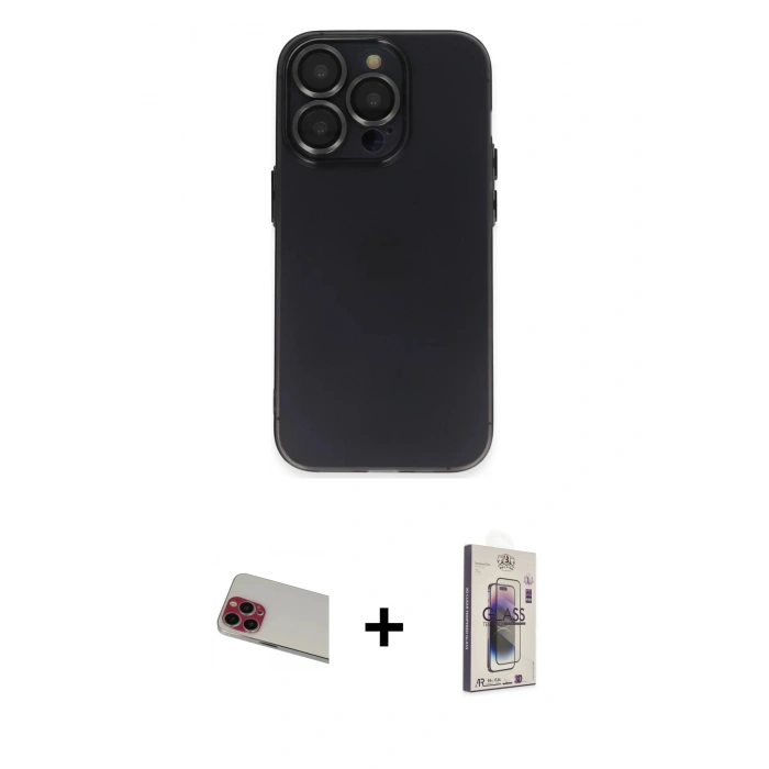 MARSİLYAN™- iPhone 13 Pro Max Kılıf Ufuk Minimal Özel Seri - Siyah Bilvis 3D Cam Ekran Koruyucu + Rainbow Kamera Lens Koruma Cam - KI