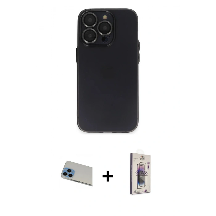 MARSİLYAN™- iPhone 13 Pro Max Kılıf Ufuk Minimal Özel Seri - Siyah Bilvis 3D Cam Ekran Koruyucu + Rainbow Kamera Lens Koruma Cam - MI