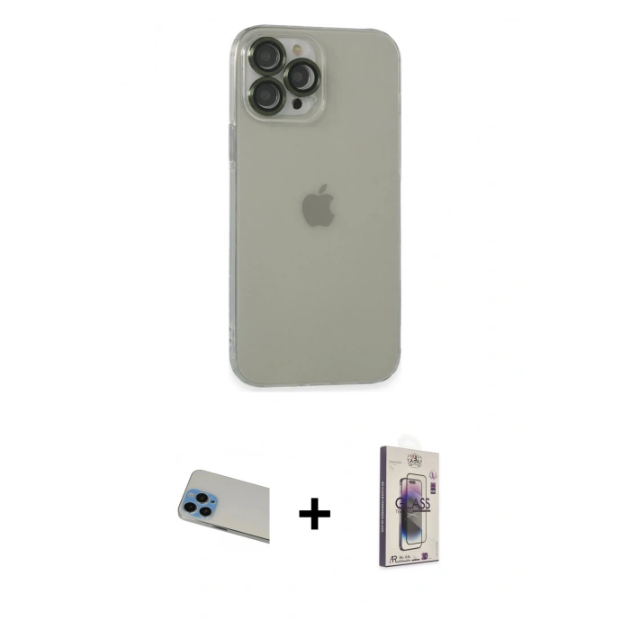 MARSİLYAN™- iPhone 13 Pro Max Kılıf Ufuk Minimal Özel Seri - Siyah Bilvis 3D Cam Ekran Koruyucu + Rainbow Kamera Lens Koruma Cam - MI