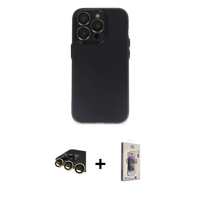MARSİLYAN™- iPhone 13 Pro Max Kılıf Ufuk Minimal Özel Seri - Siyah Bilvis 3D Cam Ekran Koruyucu + Raze Metal Kamera Lens - GD