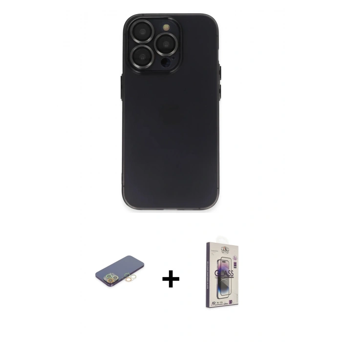 MARSİLYAN™- iPhone 13 Pro Max Kılıf Ufuk Minimal Özel Seri - Siyah Bilvis 3D Cam Ekran Koruyucu + Renkli Kamera Lens Koruma Cam - SI