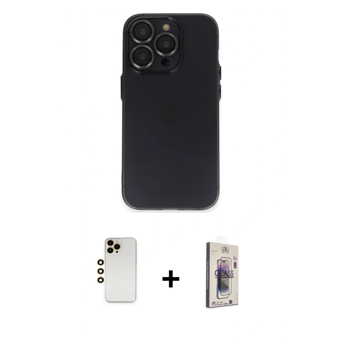 MARSİLYAN™- iPhone 13 Pro Max Kılıf Ufuk Minimal Özel Seri - Siyah Bilvis 3D Cam Ekran Koruyucu + Shine Kamera Lens - GD