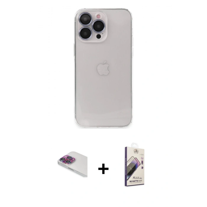 MARSİLYAN™- iPhone 13 Pro Max Kılıf Ufuk Minimal Özel Seri - Siyah Bilvis 3D Mat Cam Ekran Koruyucu + Gökkuşağı Pers Alüminyum Kamera Lens