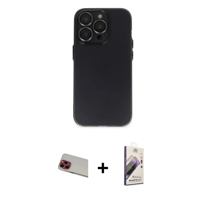 MARSİLYAN™- iPhone 13 Pro Max Kılıf Ufuk Minimal Özel Seri - Siyah Bilvis 3D Mat Cam Ekran Koruyucu + Rainbow Kamera Lens Koruma Cam - KI