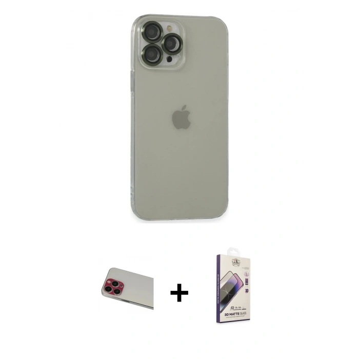 MARSİLYAN™- iPhone 13 Pro Max Kılıf Ufuk Minimal Özel Seri - Siyah Bilvis 3D Mat Cam Ekran Koruyucu + Rainbow Kamera Lens Koruma Cam - KI