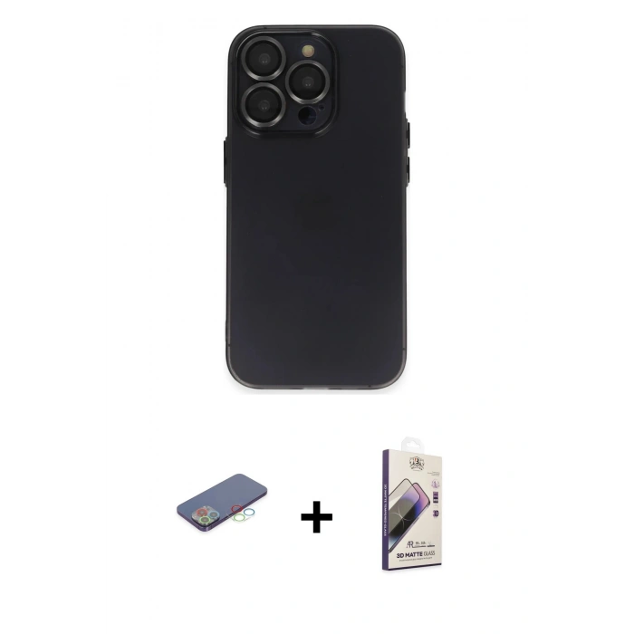 MARSİLYAN™- iPhone 13 Pro Max Kılıf Ufuk Minimal Özel Seri - Siyah Bilvis 3D Mat Cam Ekran Koruyucu + Renkli Kamera Lens Koruma Cam - MI