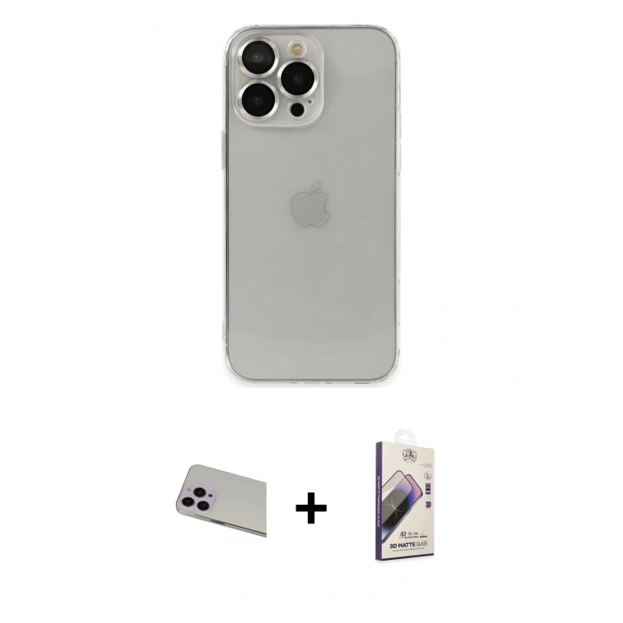 MARSİLYAN™- iPhone 13 Pro Max Kılıf Ufuk Minimal Özel Seri - Siyah Bilvis 3D Mat Cam Ekran Koruyucu + Rainbow Kamera Lens Koruma Cam - MR