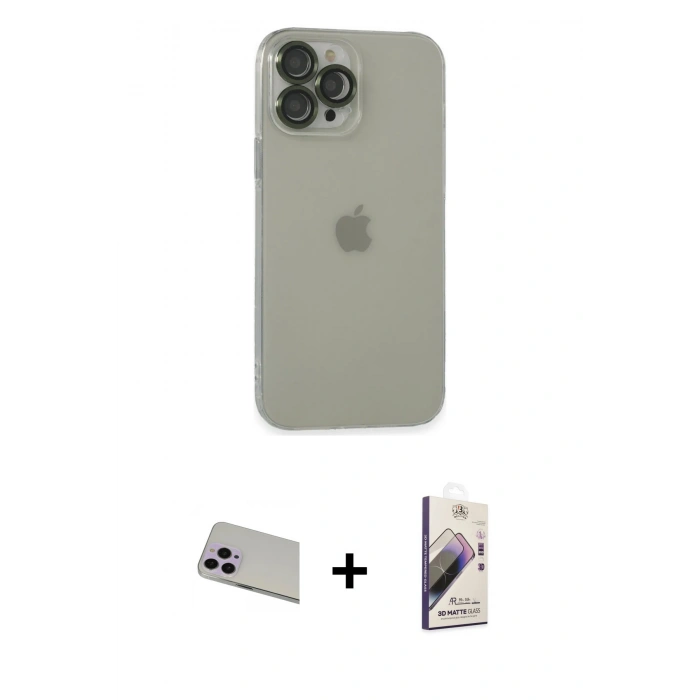 MARSİLYAN™- iPhone 13 Pro Max Kılıf Ufuk Minimal Özel Seri - Siyah Bilvis 3D Mat Cam Ekran Koruyucu + Rainbow Kamera Lens Koruma Cam - MR