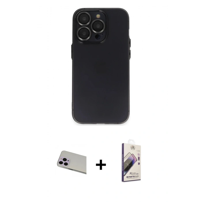MARSİLYAN™- iPhone 13 Pro Max Kılıf Ufuk Minimal Özel Seri - Siyah Bilvis 3D Mat Cam Ekran Koruyucu + Rainbow Kamera Lens Koruma Cam - MR