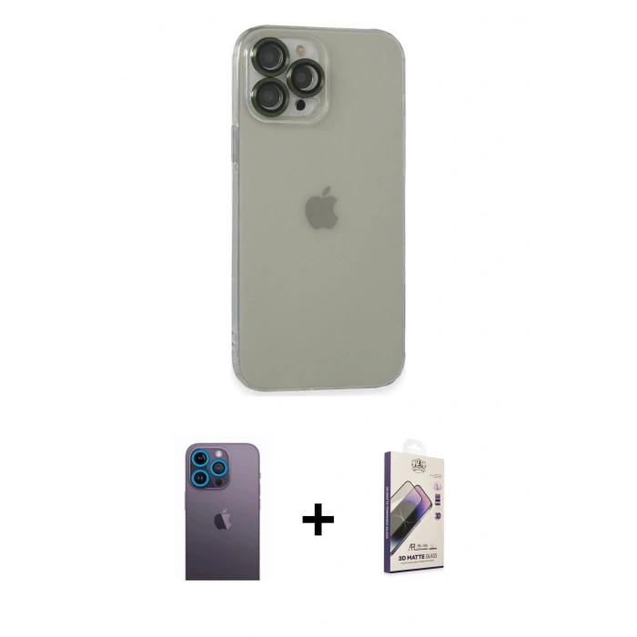 MARSİLYAN™- iPhone 13 Pro Max Kılıf Ufuk Minimal Özel Seri - Siyah Bilvis 3D Mat Cam Ekran Koruyucu + Neon Fosforlu Kamera Lens - MI