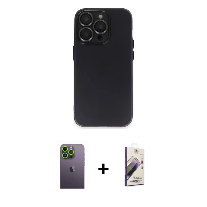 MARSİLYAN™- iPhone 13 Pro Max Kılıf Ufuk Minimal Özel Seri - Siyah Bilvis 3D Mat Cam Ekran Koruyucu + Neon Fosforlu Kamera Lens - YL