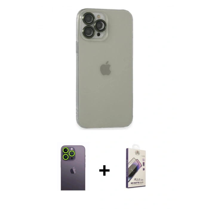 MARSİLYAN™- iPhone 13 Pro Max Kılıf Ufuk Minimal Özel Seri - Siyah Bilvis 3D Mat Cam Ekran Koruyucu + Neon Fosforlu Kamera Lens - YL