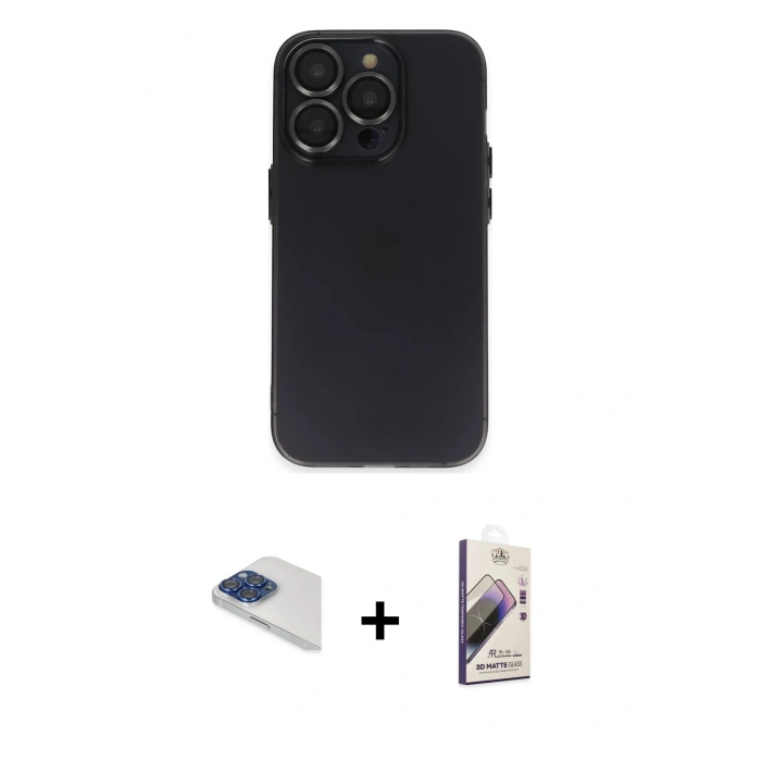 MARSİLYAN™- iPhone 13 Pro Max Kılıf Ufuk Minimal Özel Seri - Siyah Bilvis 3D Mat Cam Ekran Koruyucu + Pers Alüminyum Kamera Lens - LT