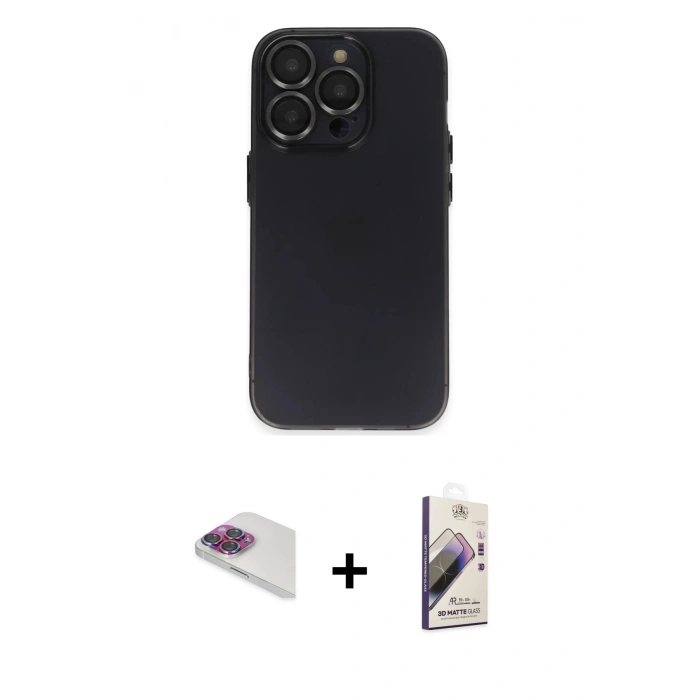 MARSİLYAN™- iPhone 13 Pro Max Kılıf Ufuk Minimal Özel Seri - Siyah Bilvis 3D Mat Cam Ekran Koruyucu + Pers Alüminyum Kamera Lens - GI