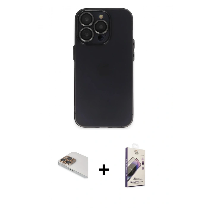 MARSİLYAN™- iPhone 13 Pro Max Kılıf Ufuk Minimal Özel Seri - Siyah Bilvis 3D Mat Cam Ekran Koruyucu + Pers Alüminyum Kamera Lens - GD