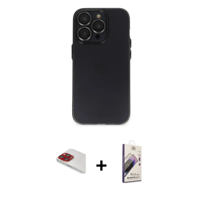 MARSİLYAN™- iPhone 13 Pro Max Kılıf Ufuk Minimal Özel Seri - Siyah Bilvis 3D Mat Cam Ekran Koruyucu + Pers Alüminyum Kamera Lens - KI