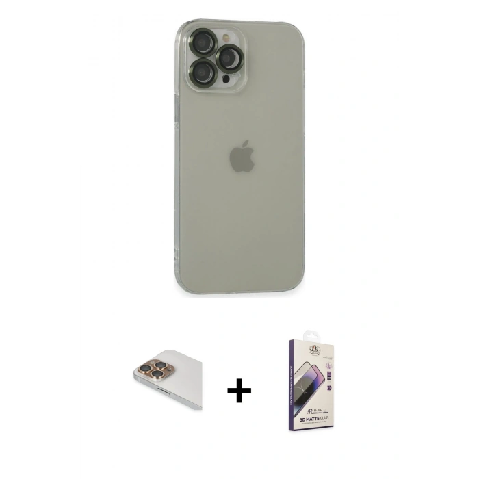MARSİLYAN™- iPhone 13 Pro Max Kılıf Ufuk Minimal Özel Seri - Siyah Bilvis 3D Mat Cam Ekran Koruyucu + Pers Alüminyum Kamera Lens - GD