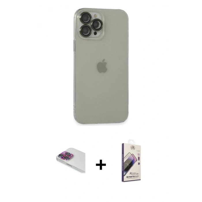 MARSİLYAN™- iPhone 13 Pro Max Kılıf Ufuk Minimal Özel Seri - Siyah Bilvis 3D Mat Cam Ekran Koruyucu + Pers Alüminyum Kamera Lens - GI