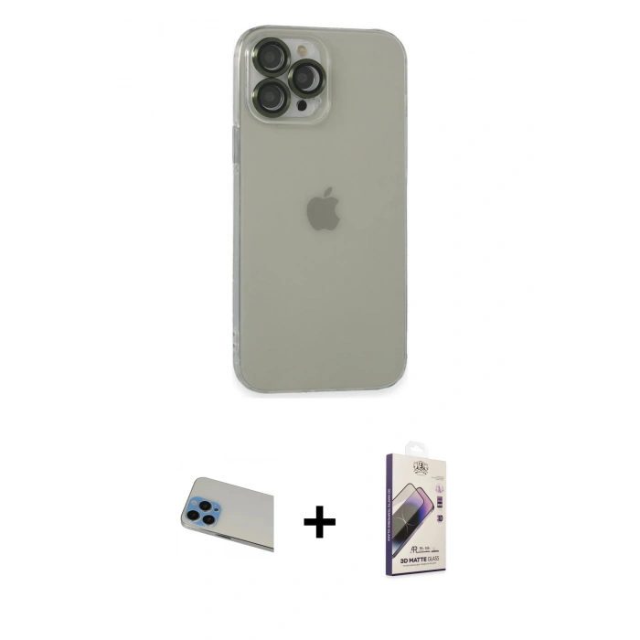 MARSİLYAN™- iPhone 13 Pro Max Kılıf Ufuk Minimal Özel Seri - Siyah Bilvis 3D Mat Cam Ekran Koruyucu + Rainbow Kamera Lens Koruma Cam - MI