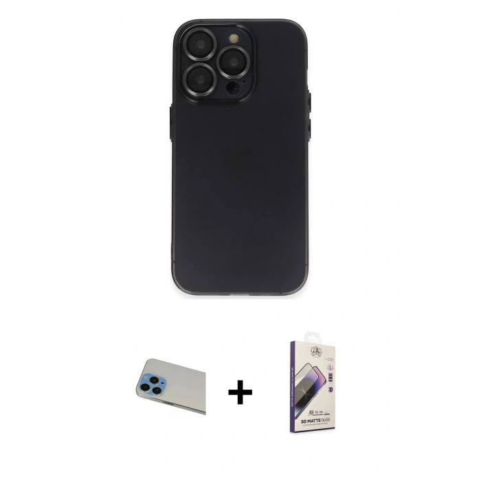 MARSİLYAN™- iPhone 13 Pro Max Kılıf Ufuk Minimal Özel Seri - Siyah Bilvis 3D Mat Cam Ekran Koruyucu + Rainbow Kamera Lens Koruma Cam - MI