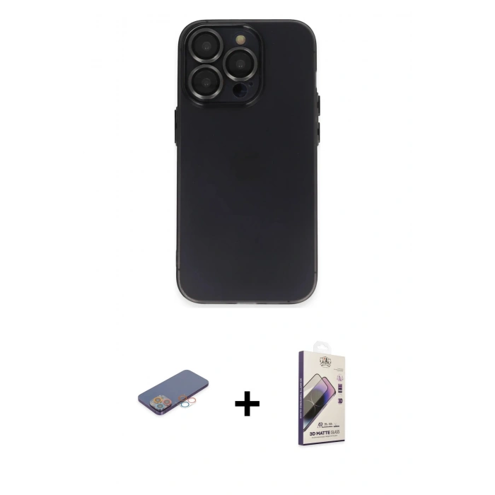 MARSİLYAN™- iPhone 13 Pro Max Kılıf Ufuk Minimal Özel Seri - Siyah Bilvis 3D Mat Cam Ekran Koruyucu + Renkli Kamera Lens Koruma Cam - PE