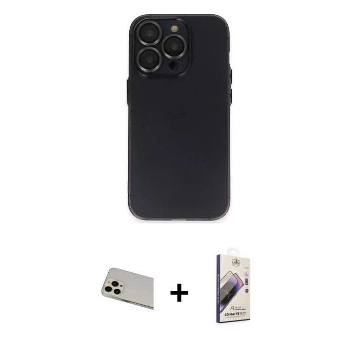 MARSİLYAN™- iPhone 13 Pro Max Kılıf Ufuk Minimal Özel Seri - Siyah Bilvis 3D Mat Cam Ekran Koruyucu + Rose Gold Rainbow Kamera Lens Koruma Cam