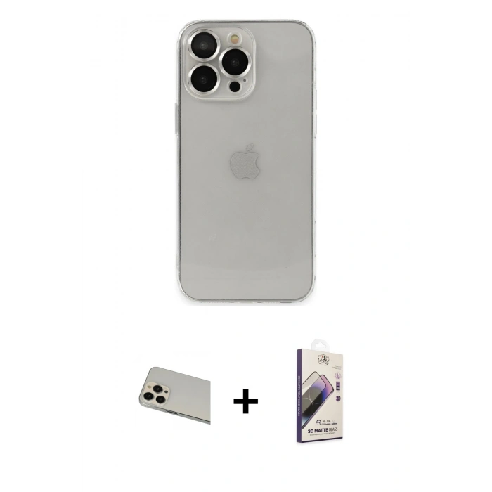 MARSİLYAN™- iPhone 13 Pro Max Kılıf Ufuk Minimal Özel Seri - Siyah Bilvis 3D Mat Cam Ekran Koruyucu + Rose Gold Rainbow Kamera Lens Koruma Cam