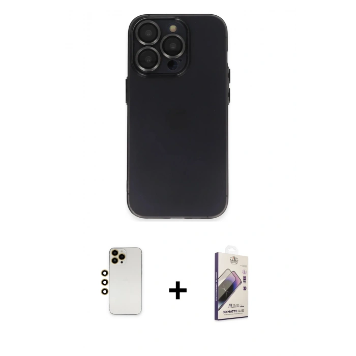 MARSİLYAN™- iPhone 13 Pro Max Kılıf Ufuk Minimal Özel Seri - Siyah Bilvis 3D Mat Cam Ekran Koruyucu + Shine Kamera Lens - GD