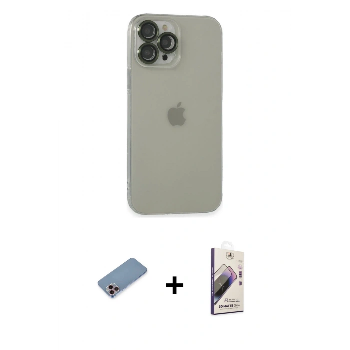 MARSİLYAN™- iPhone 13 Pro Max Kılıf Ufuk Minimal Özel Seri - Siyah Bilvis 3D Mat Cam Ekran Koruyucu + Shine Kamera Lens Koruma Cam - PE