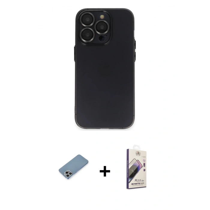 MARSİLYAN™- iPhone 13 Pro Max Kılıf Ufuk Minimal Özel Seri - Siyah Bilvis 3D Mat Cam Ekran Koruyucu + Shine Kamera Lens Koruma Cam - GI